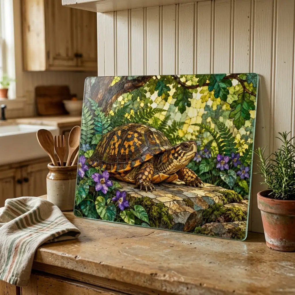 Box Turtle Cutting Board, Woodland Nature Kitchen Decor, Tempered Glass Chopping Board, Turtle Lover Gift, Forest Animal Kitchen Art
