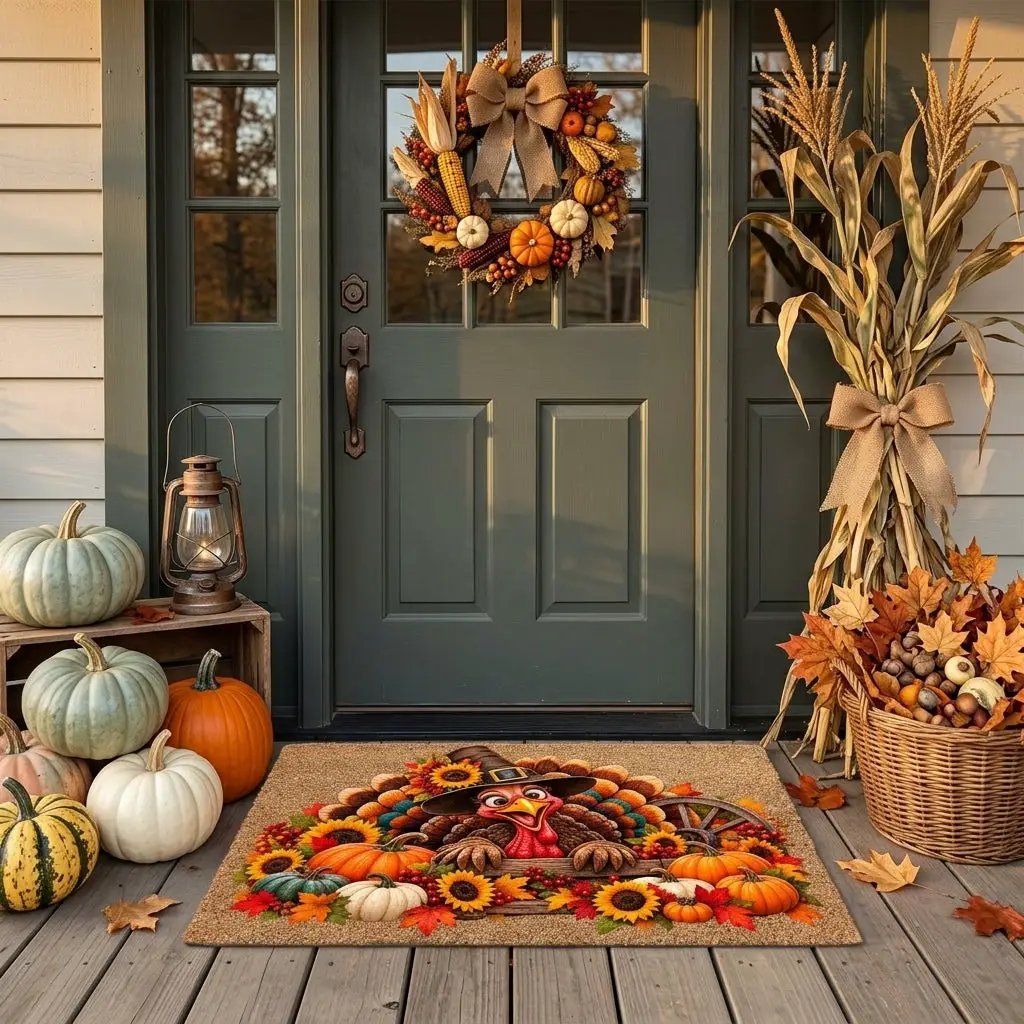 Thanksgiving Turkey Doormat, Funny Turkey Coir Mat, Fall Harvest Welcome Mat, Pumpkin & Sunflower Porch Decor, Thanksgiving Door Mat