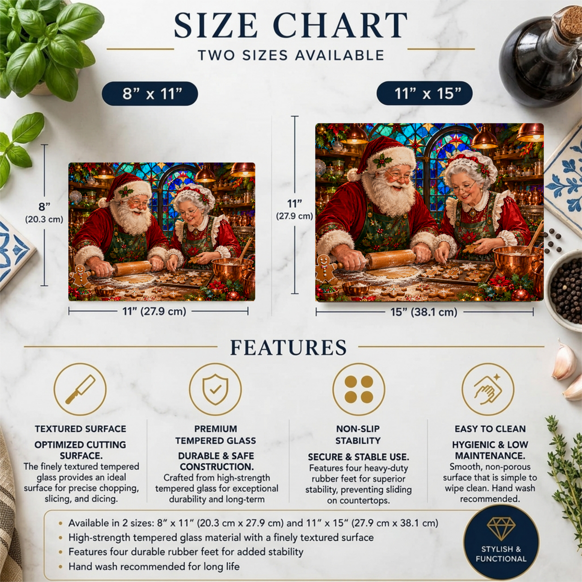 Santa and Mrs Claus Glass Cutting Board, Christmas Baking Decor, Gingerbread Kitchen Decor, Stained Glass Christmas Gift, Holiday Board