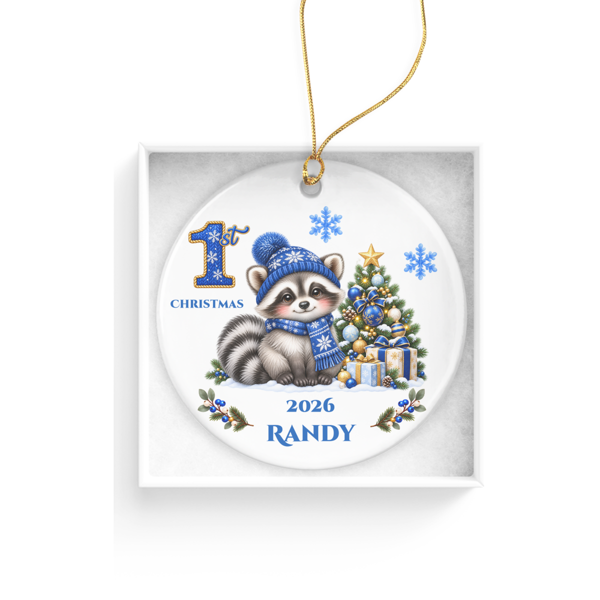 Baby Raccoon Personalized Christmas Ornament, First Christmas Keepsake, Pink Winter Animal Ceramic Tree Decoration, New Baby Gift 2026