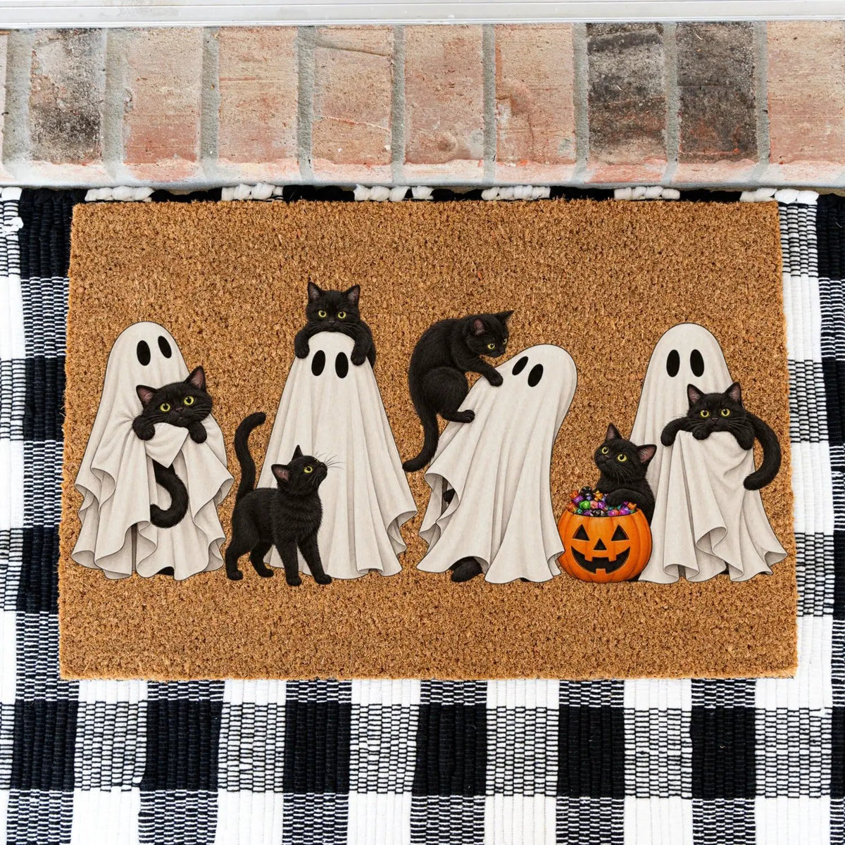Halloween Black Cat Doormat, Cute Ghost Welcome Mat, Funny Cat Halloween Decor, Spooky Fall Porch Decor, Cat Lover Gift, Coir Door Mat