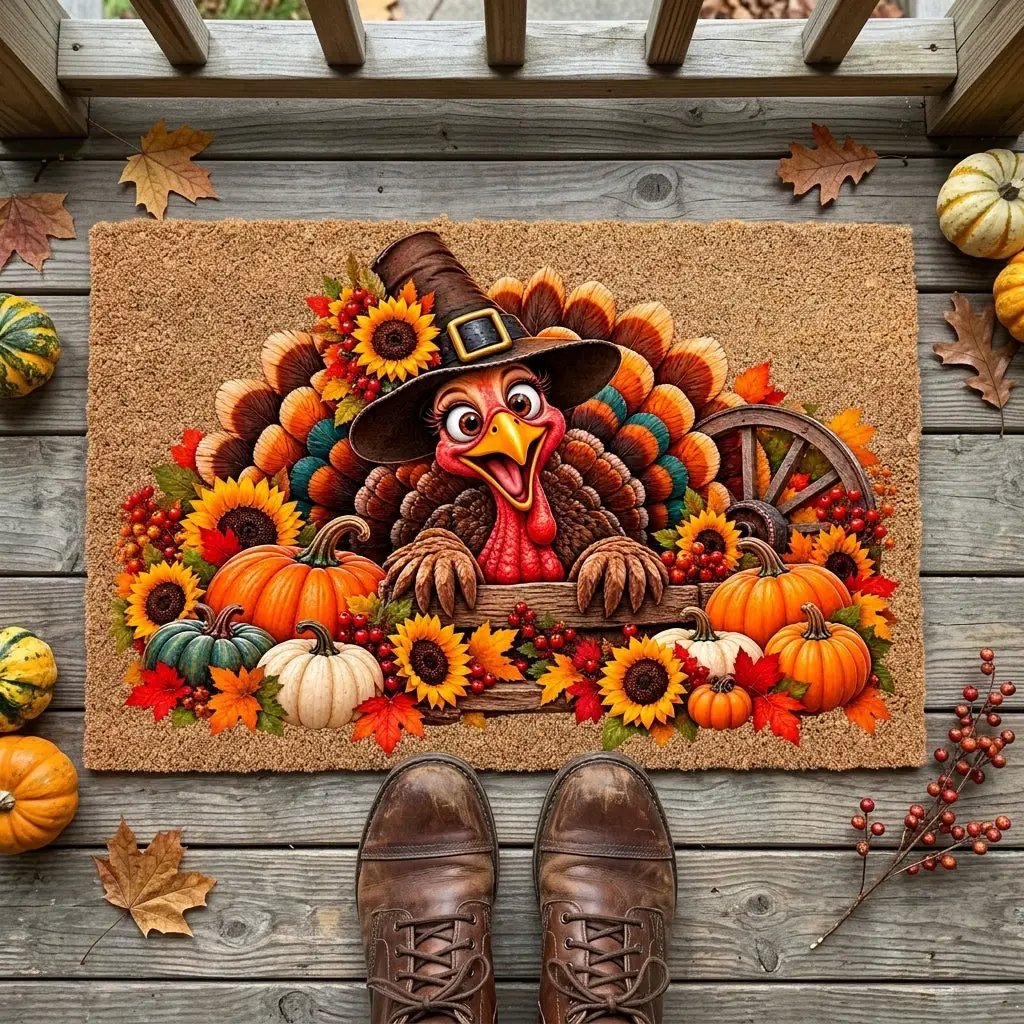 Thanksgiving Turkey Doormat, Funny Turkey Coir Mat, Fall Harvest Welcome Mat, Pumpkin & Sunflower Porch Decor, Thanksgiving Door Mat