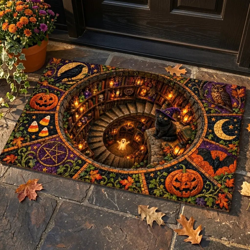 Black Cat 3D Halloween Doormat, Witchy Spiral Staircase Door Mat, Spooky Cat Welcome Mat, Pumpkin Halloween Porch Decor
