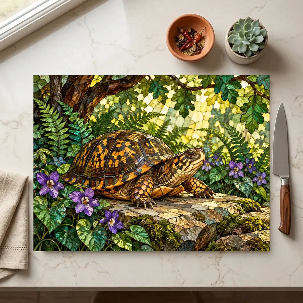 Box Turtle Cutting Board, Woodland Nature Kitchen Decor, Tempered Glass Chopping Board, Turtle Lover Gift, Forest Animal Kitchen Art