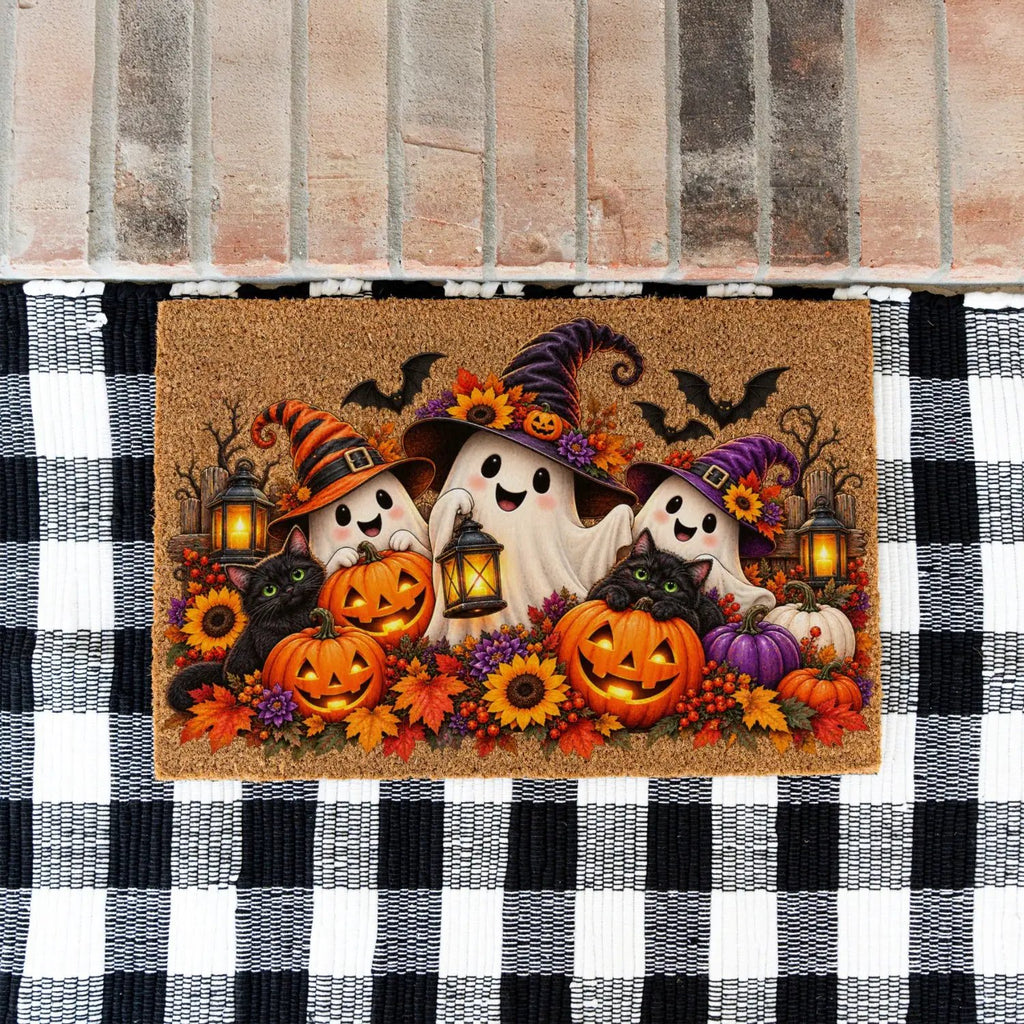 Halloween Ghost Doormat, Black Cat & Pumpkin Coir Mat, Cute Spooky Welcome Mat, Witch Ghost Fall Porch Decor, Halloween Door Mat