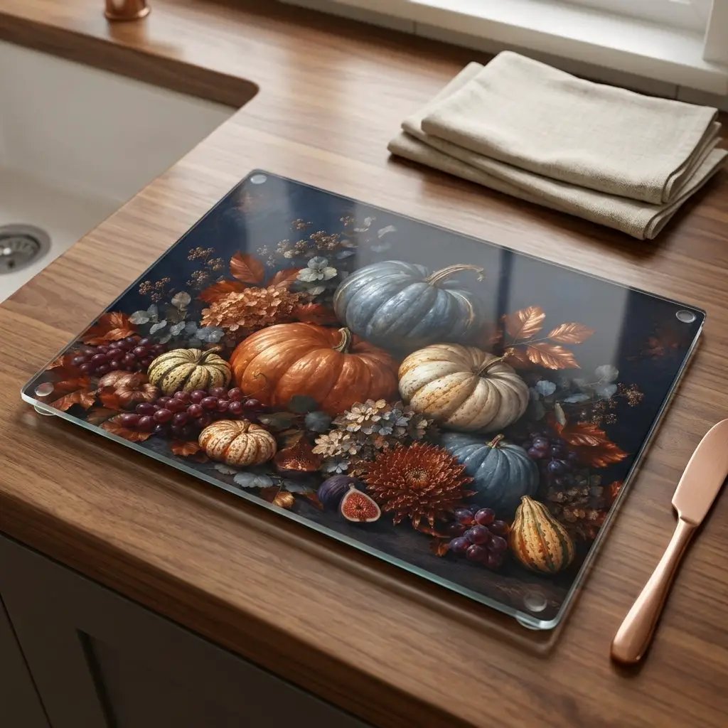 Blue Pumpkin Glass Cutting Board, Elegant Fall Kitchen Decor, Autumn Harvest Cutting Board, Thanksgiving Kitchen Gift