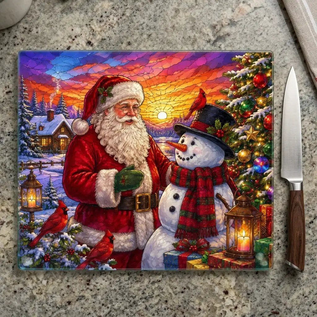 Santa and Snowman Glass Cutting Board, Christmas Kitchen Decor, Cardinal Holiday Gift, Stained Glass Christmas Serving Board, Santa Decor