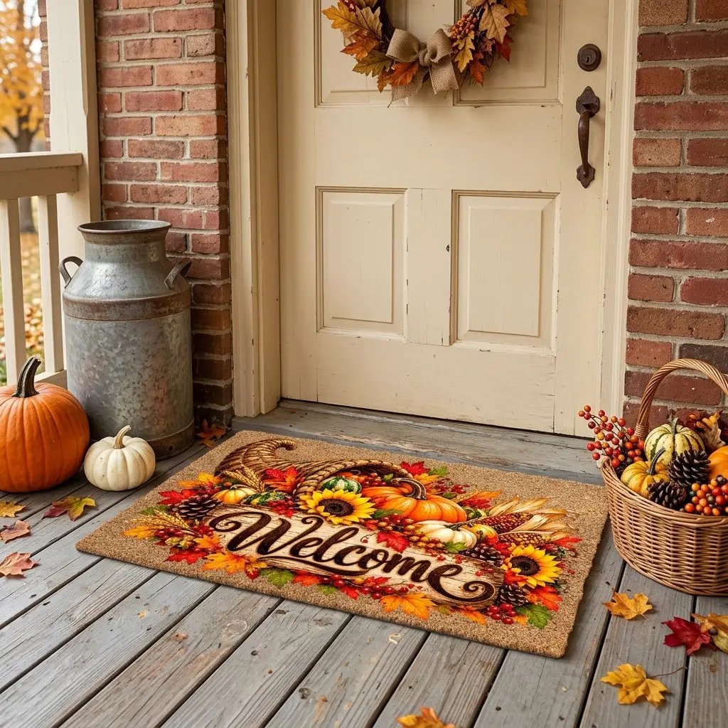 Thanksgiving Cornucopia Doormat, Fall Welcome Mat, Harvest Coir Door Mat, Pumpkin Sunflower Porch Decor, Autumn Front Door Decor