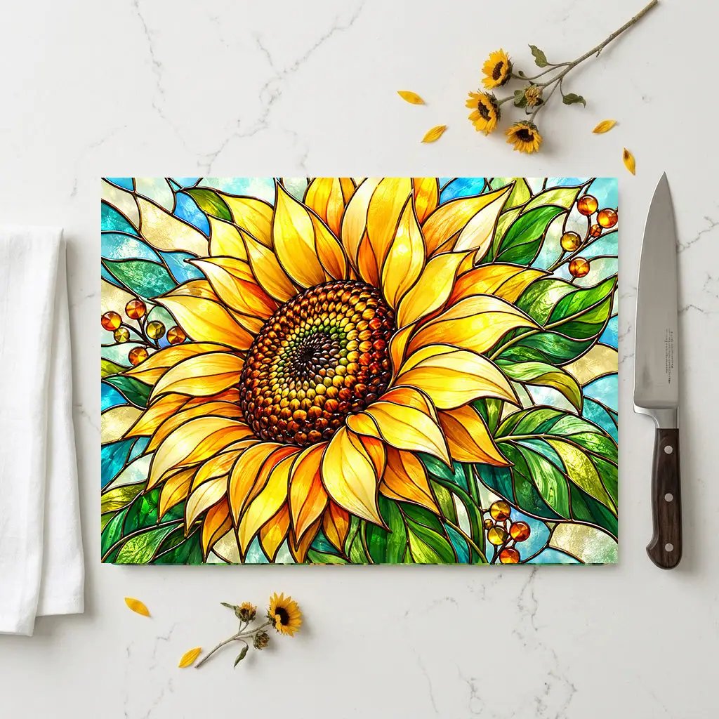 Sunflower Glass Cutting Board, Stained Glass Floral Kitchen Decor, Yellow Flower Chopping Board, Gift for Mom, Housewarming Gift
