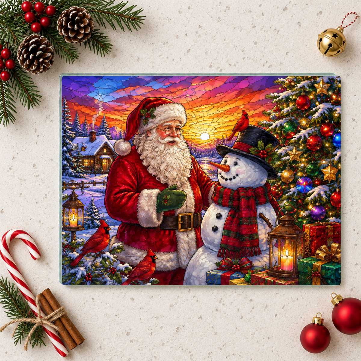 Santa and Snowman Glass Cutting Board, Christmas Kitchen Decor, Cardinal Holiday Gift, Stained Glass Christmas Serving Board, Santa Decor