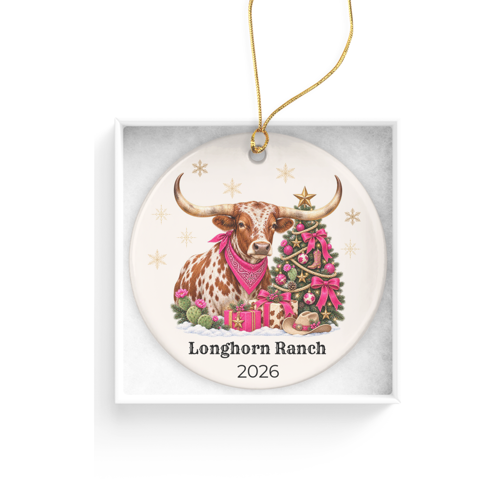 Personalized Longhorn Christmas Ornament, Western Cowboy Ceramic Ornament, Custom Name and Year