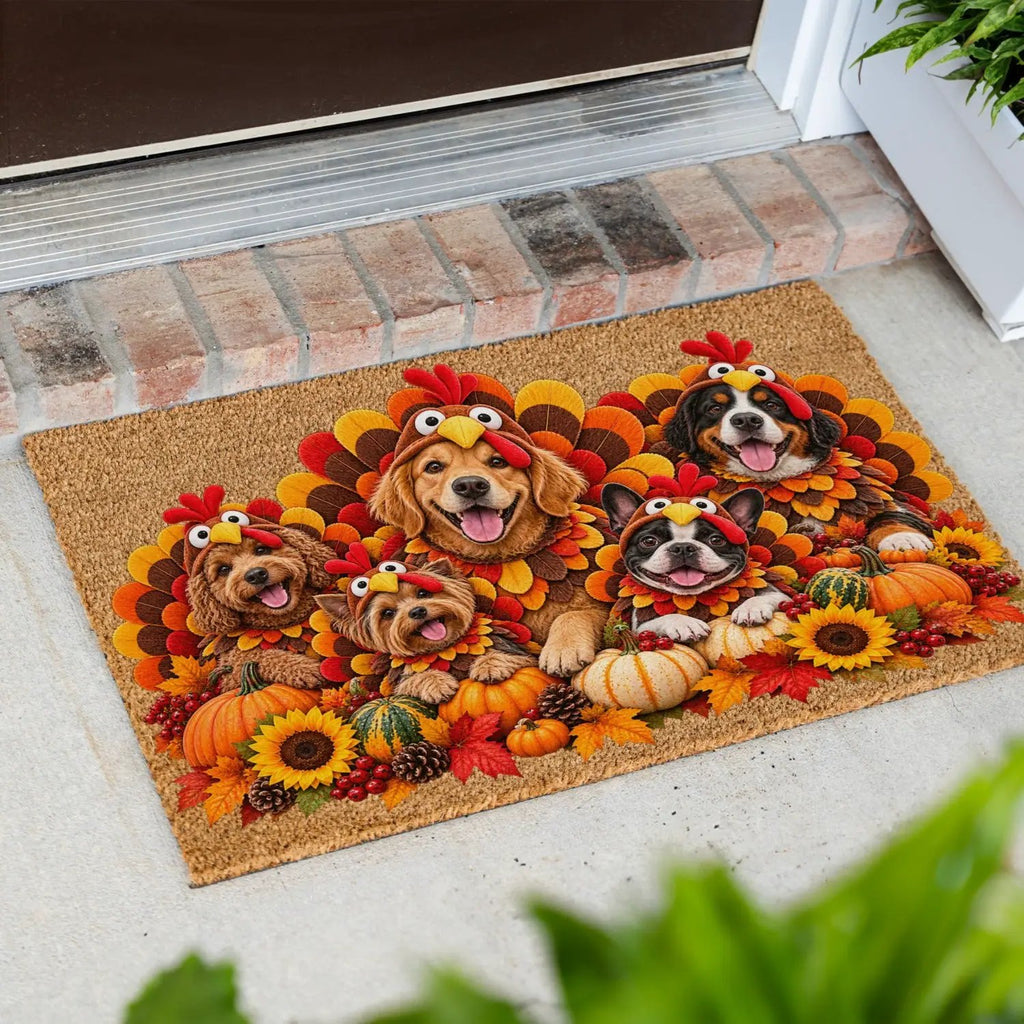 Thanksgiving Dog Doormat, Dogs in Turkey Costumes Coir Mat, Funny Fall Welcome Mat, Dog Lover Gift, Thanksgiving Porch Decor