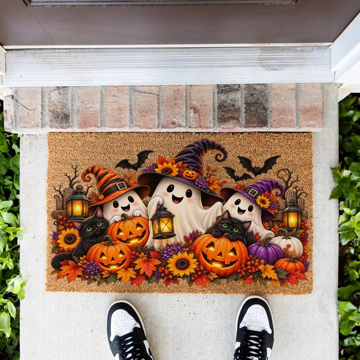 Halloween Ghost Doormat, Black Cat & Pumpkin Coir Mat, Cute Spooky Welcome Mat, Witch Ghost Fall Porch Decor, Halloween Door Mat