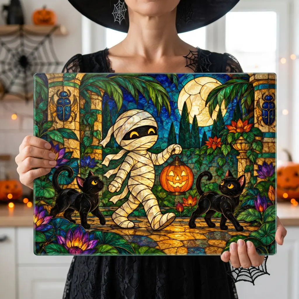 Halloween Mummy Personalized Glass Cutting Board, Spooky Kitchen Decor