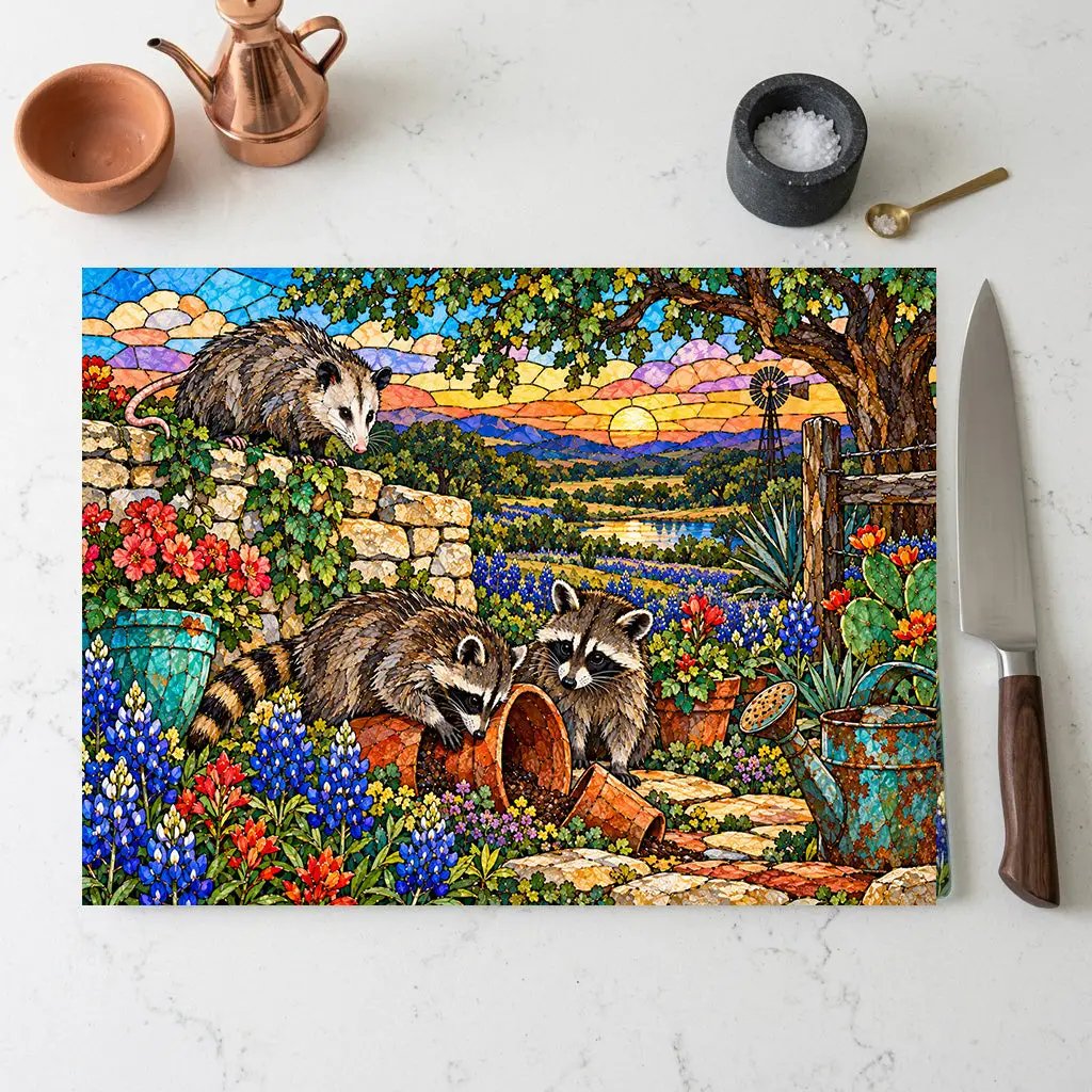 Mischief Opossum Glass Cutting Board, Texas Wildlife Kitchen Decor, Bluebonnet Possum Art, Funny Country Kitchen Gift, Texas Gift