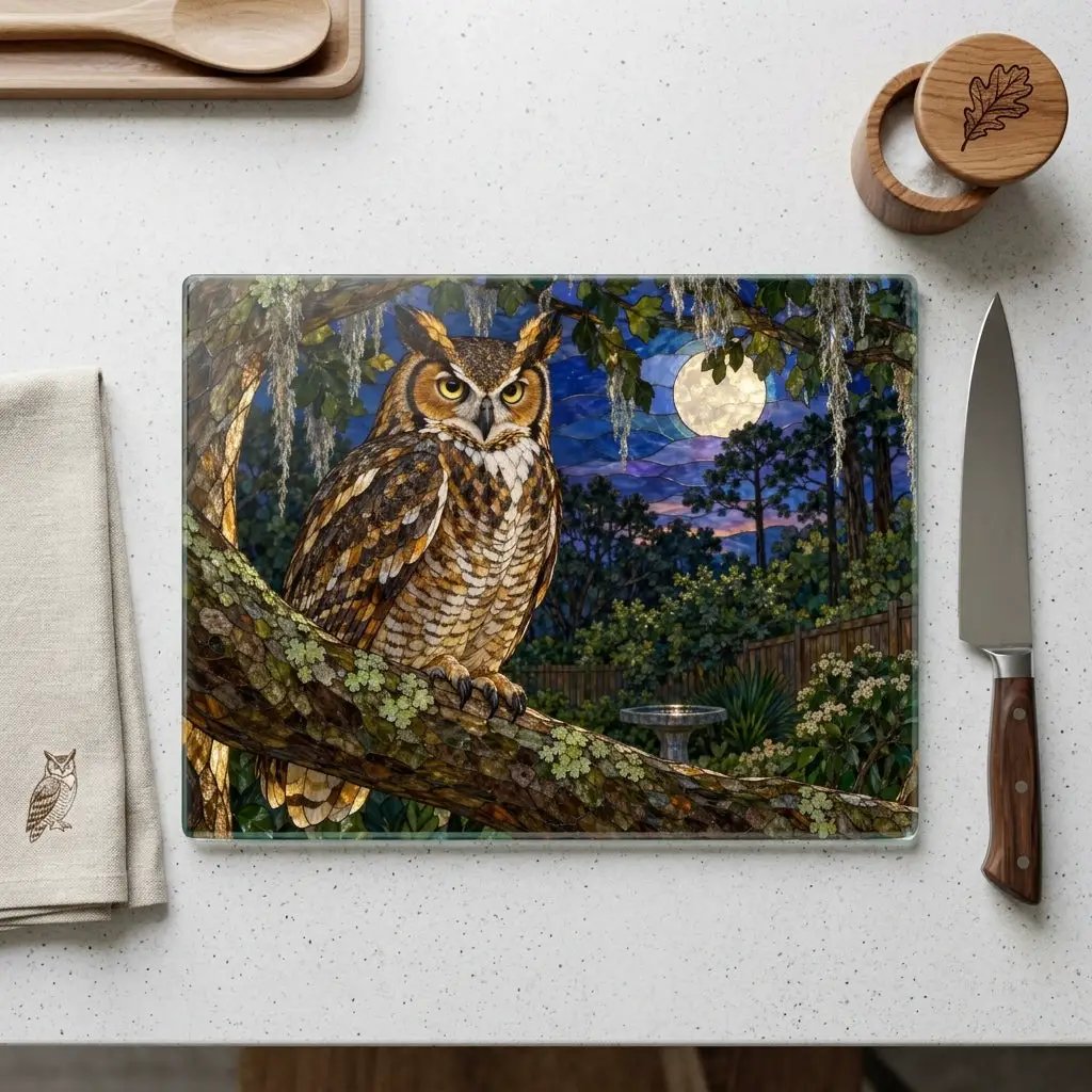Great Horned Owl Glass Cutting Board, Owl Kitchen Decor, Backyard Bird Lover Gift, Birdwatcher Gift, Woodland Serving Board