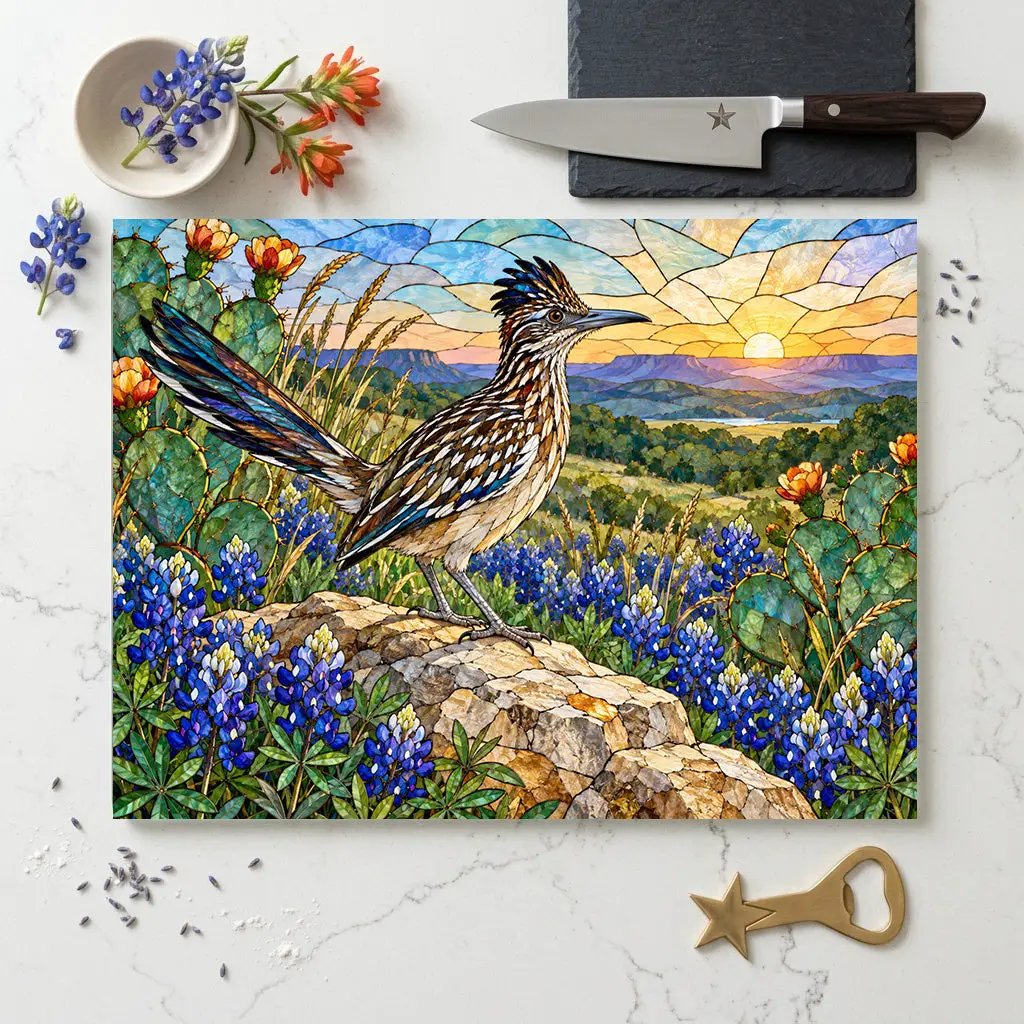 Roadrunner Glass Cutting Board, Southwestern Bird Kitchen Decor, Wildflower Landscape Chopping Board, Nature Lover Gift, Birdwatcher Gift