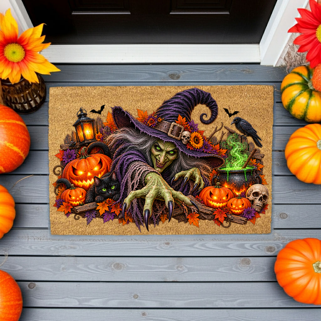 Horror Witch Doormat, Scary Halloween Coir Mat, Creepy Witch & Black Cat Welcome Mat, Pumpkin Porch Decor, Haunted House Door Mat