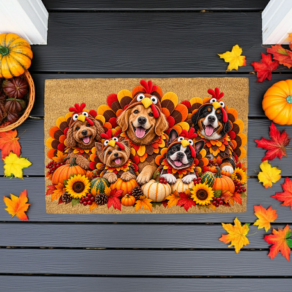 Thanksgiving Dog Doormat, Dogs in Turkey Costumes Coir Mat, Funny Fall Welcome Mat, Dog Lover Gift, Thanksgiving Porch Decor