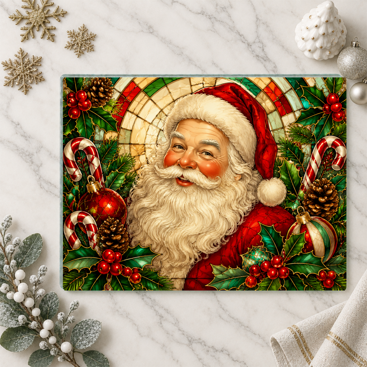 Vintage Santa Glass Cutting Board, Stained Glass Christmas Decor, Santa Claus Kitchen Decor, Holiday Serving Board, Christmas Gift