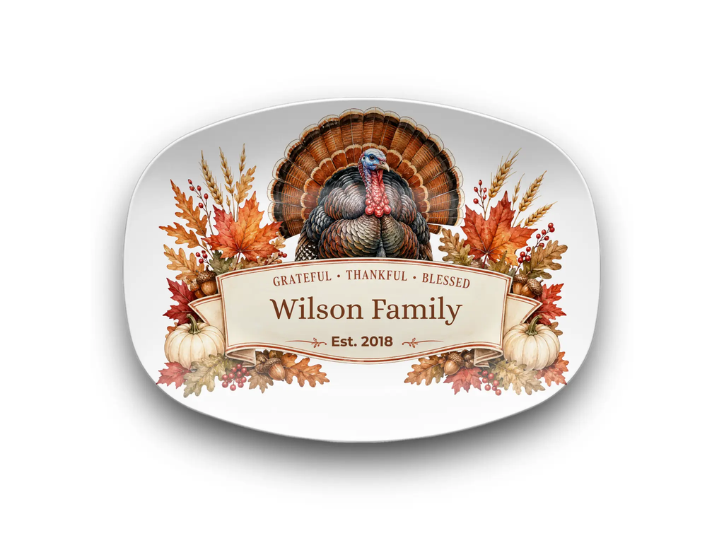 Personalized Thanksgiving Platter with Turkey, Custom Family Name Serving Platter, Grateful Thankful Blessed, Thanksgiving Hostess Gift