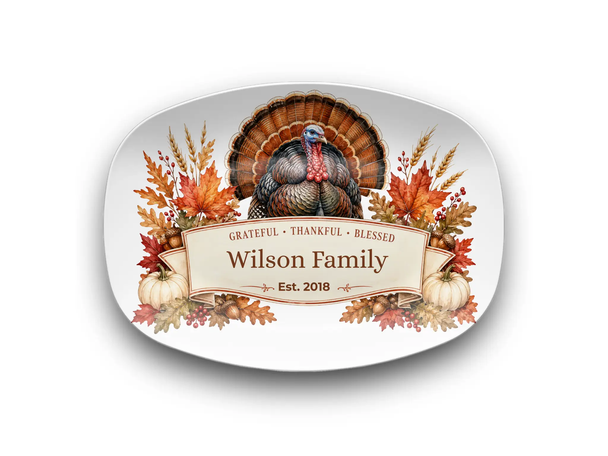 Personalized Thanksgiving Platter with Turkey, Custom Family Name Serving Platter, Grateful Thankful Blessed, Thanksgiving Hostess Gift