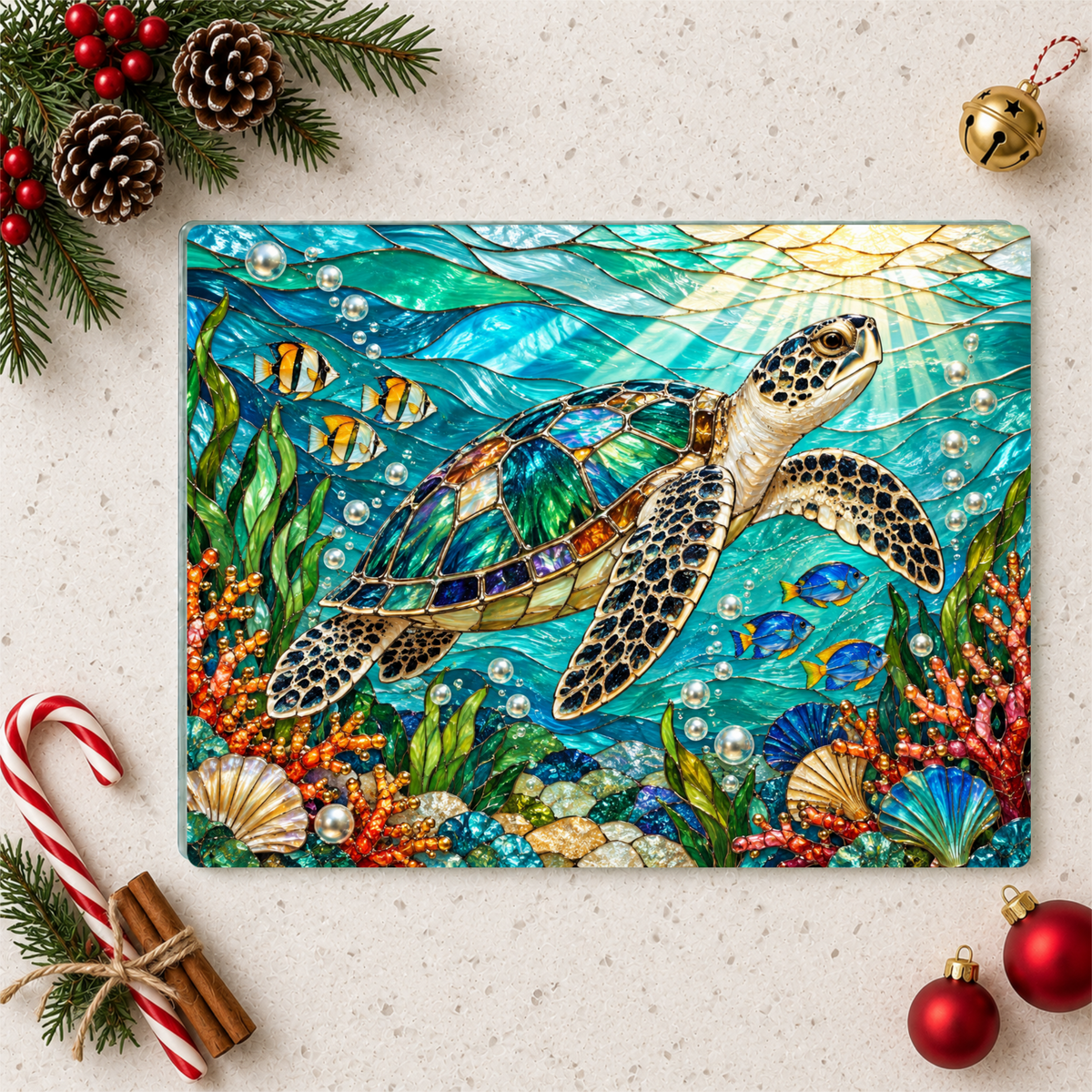 Sea Turtle Cutting Board, Ocean Kitchen Decor, Underwater Glass Chopping Board, Coastal Beach House Gift, Marine Life Kitchen Accent