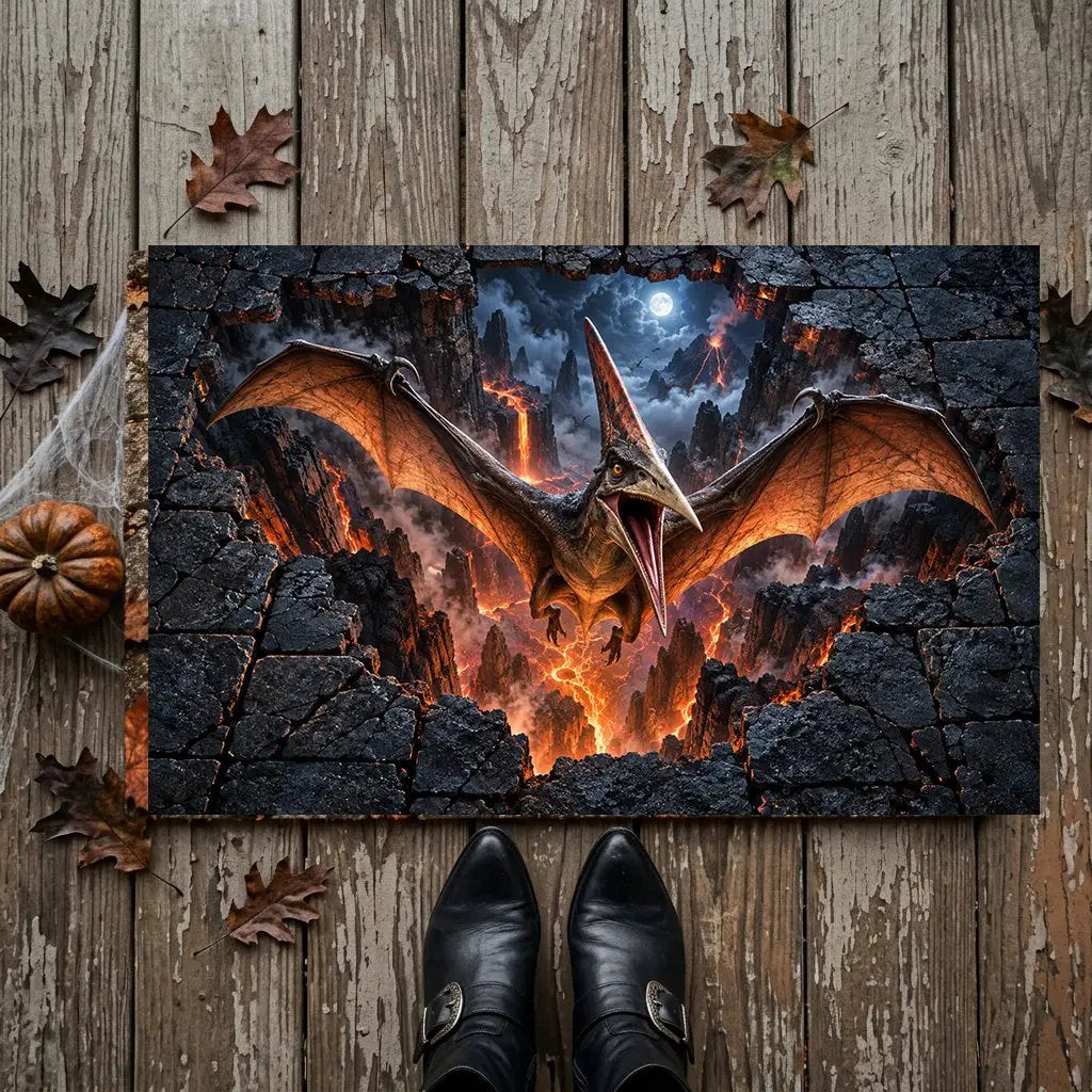 Pterodactyl 3D Optical Illusion Doormat, Volcanic Chasm Dinosaur Floor Mat, Prehistoric Flying Reptile Door Mat, Dino Gift
