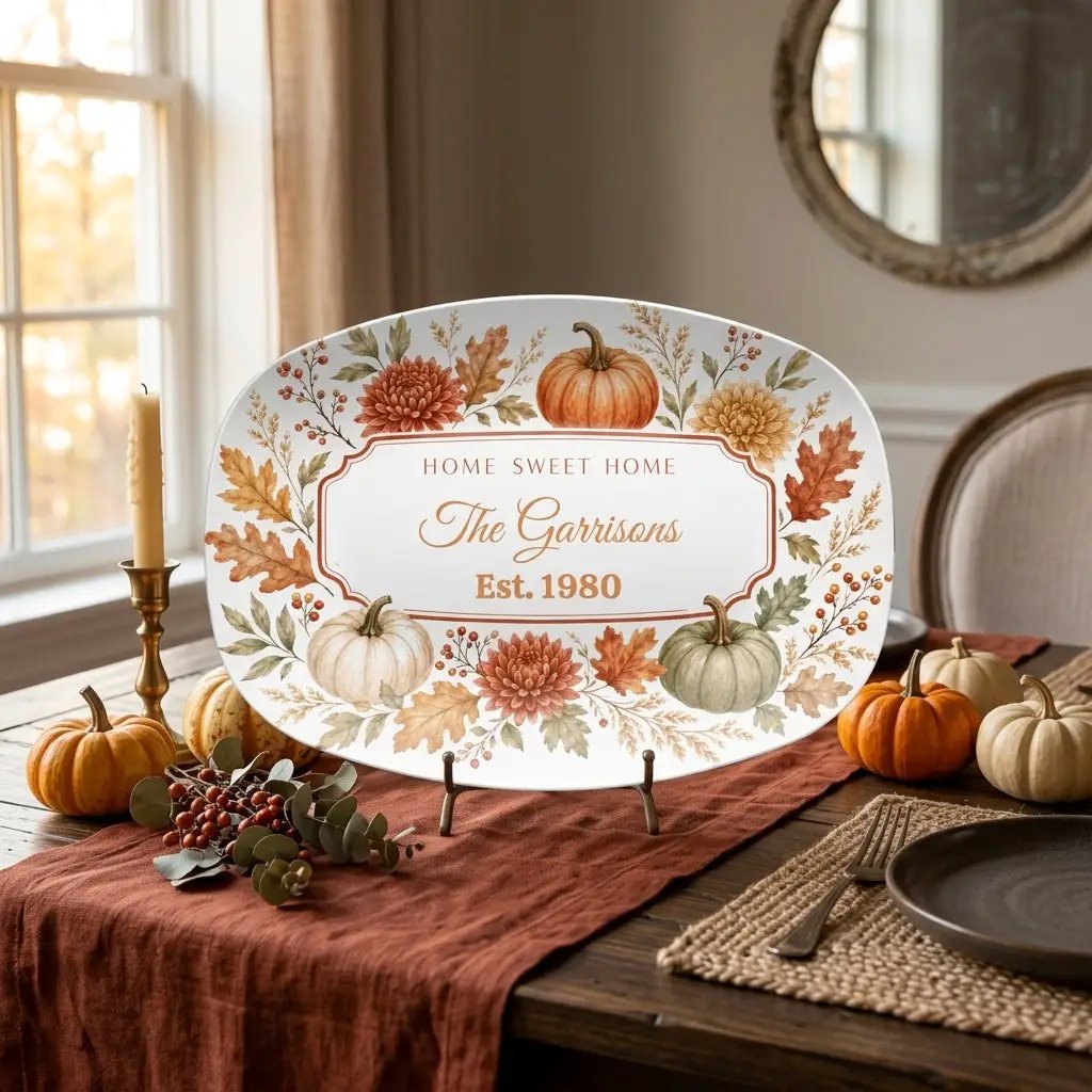 Personalized Thanksgiving Platter, Custom Family Name Serving Platter, Fall Pumpkin Serving Tray, Thanksgiving Hostess Gift