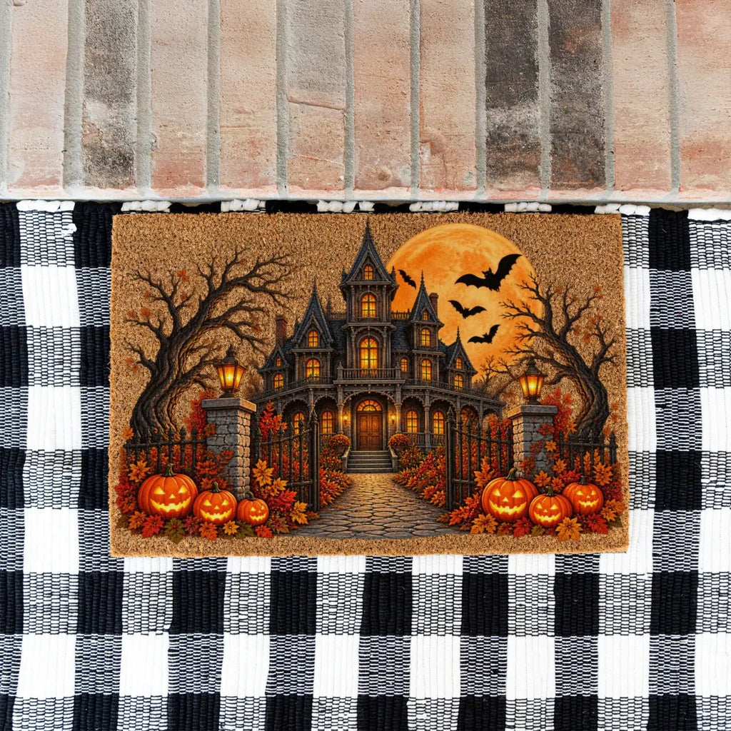 Haunted House Halloween Doormat, Gothic Mansion Coir Welcome Mat, Spooky Fall Porch Decor, Pumpkin Front Door Mat, Halloween Entryway