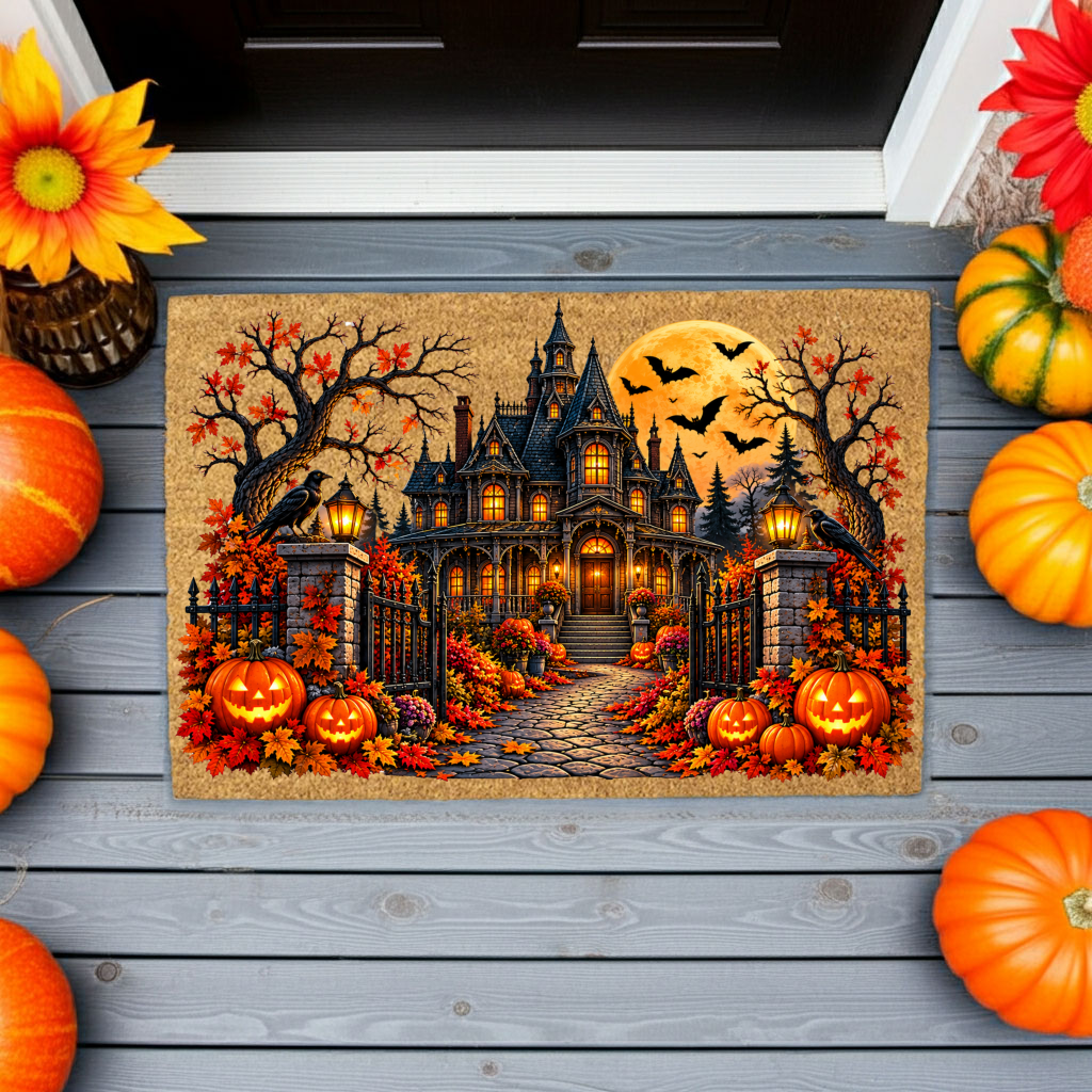 Spooky Mansion Doormat, Haunted House Halloween Welcome Mat, Raven & Pumpkin Coir Doormat, Gothic Fall Porch Decor, Halloween Door Mat