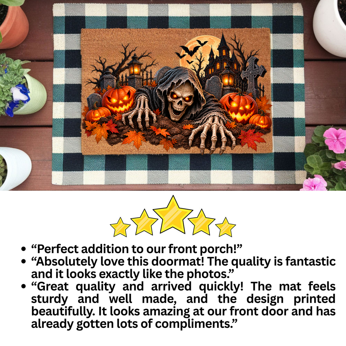 Creepy Skeleton Doormat, Grim Reaper Halloween Coir Mat, Scary Jack O Lantern Welcome Mat, Haunted House Spooky Porch Decor