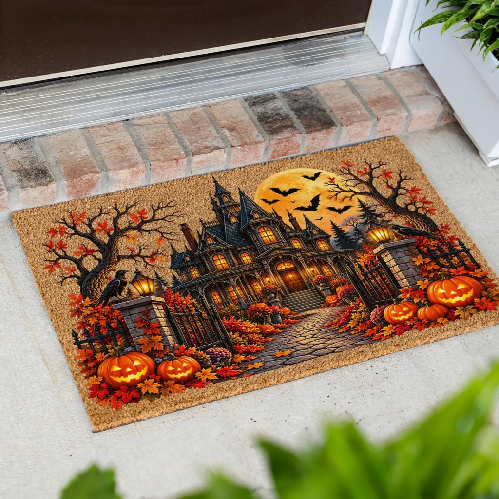 Spooky Mansion Doormat, Haunted House Halloween Welcome Mat, Raven & Pumpkin Coir Doormat, Gothic Fall Porch Decor, Halloween Door Mat