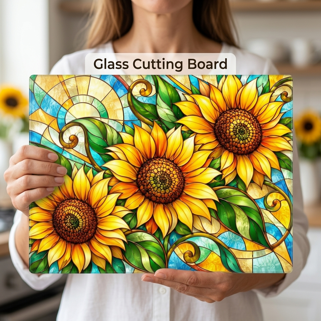 Sunflower Glass Cutting Board, Farmhouse Kitchen Decor, Country Sunflower Chopping Board, Stained Glass Floral Gift, Housewarming Gift
