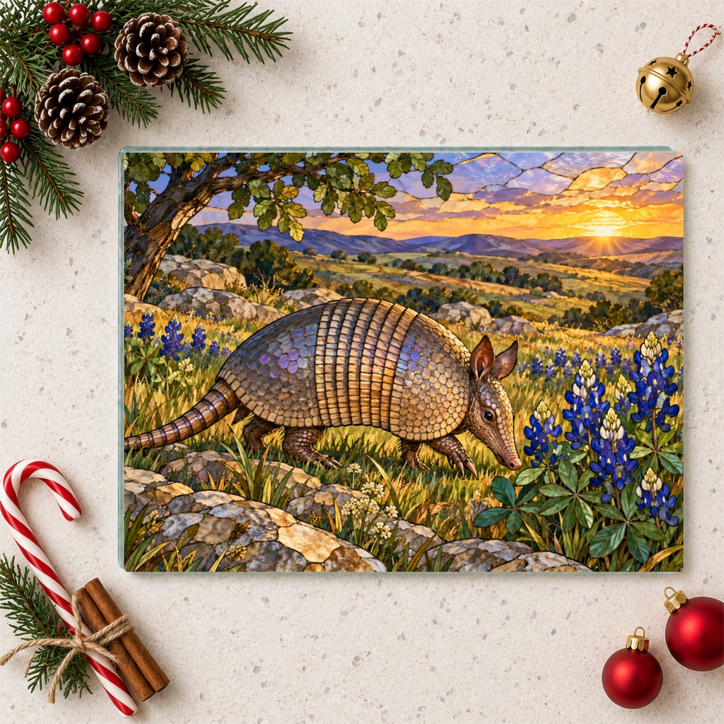 Texas Armadillo Glass Cutting Board, Bluebonnet Kitchen Decor, Wildlife Chopping Board, Southwestern Countryside Kitchen Gift, 2 Sizes