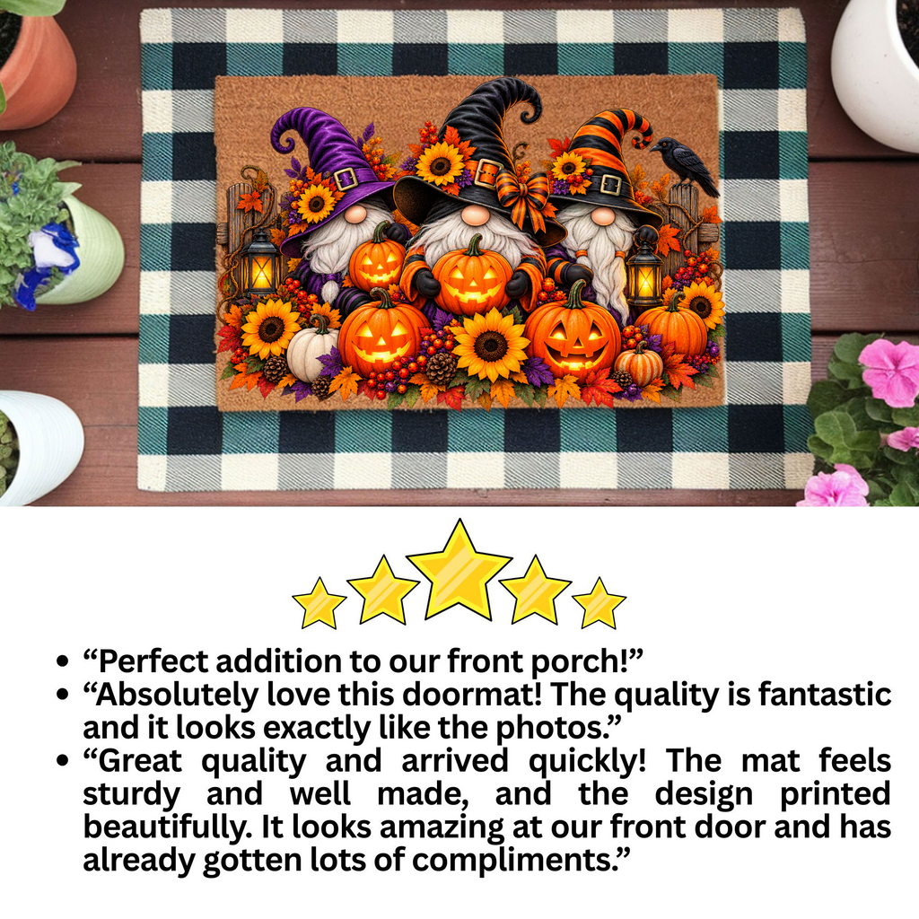 Halloween Gnome Doormat, Witch Gnomes & Pumpkins Coir Mat, Cute Spooky Fall Welcome Mat, Halloween Porch Decor, Autumn Door Mat