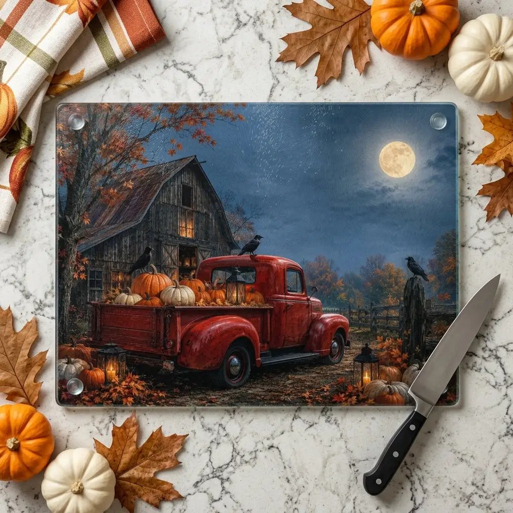 Halloween Glass Cutting Board, Red Vintage Truck with Pumpkins, Spooky Farmhouse Kitchen Decor, Rustic Halloween Gift