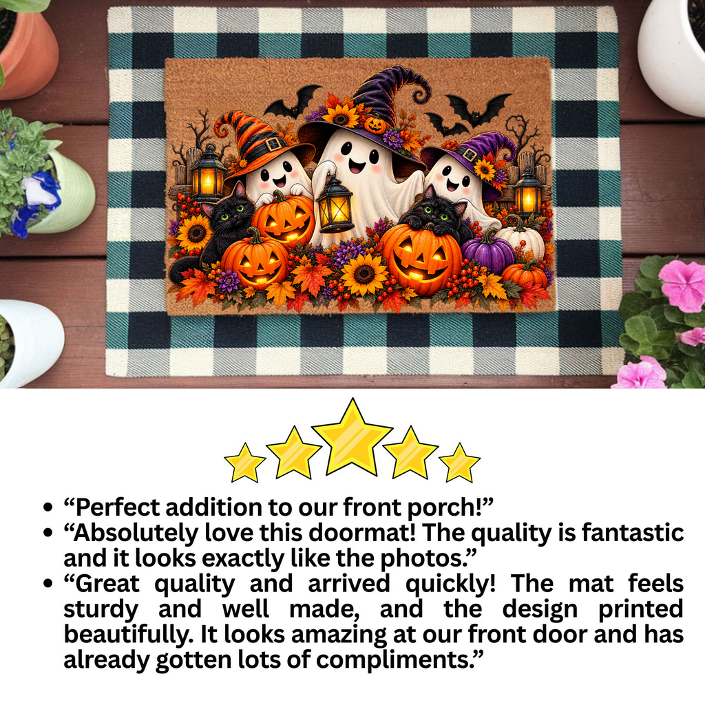 Halloween Ghost Doormat, Black Cat & Pumpkin Coir Mat, Cute Spooky Welcome Mat, Witch Ghost Fall Porch Decor, Halloween Door Mat