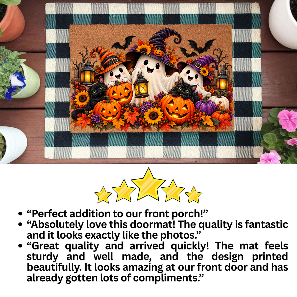 Halloween Ghost Doormat, Black Cat & Pumpkin Coir Mat, Cute Spooky Welcome Mat, Witch Ghost Fall Porch Decor, Halloween Door Mat