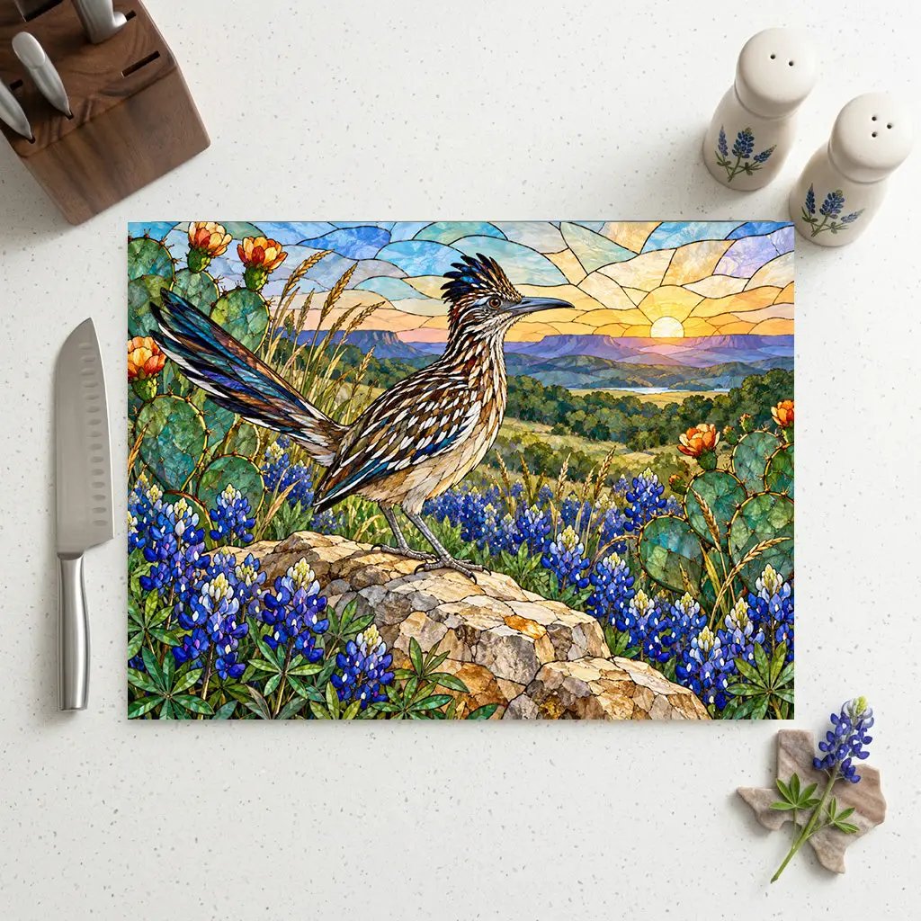 Roadrunner Glass Cutting Board, Southwestern Bird Kitchen Decor, Wildflower Landscape Chopping Board, Nature Lover Gift, Birdwatcher Gift