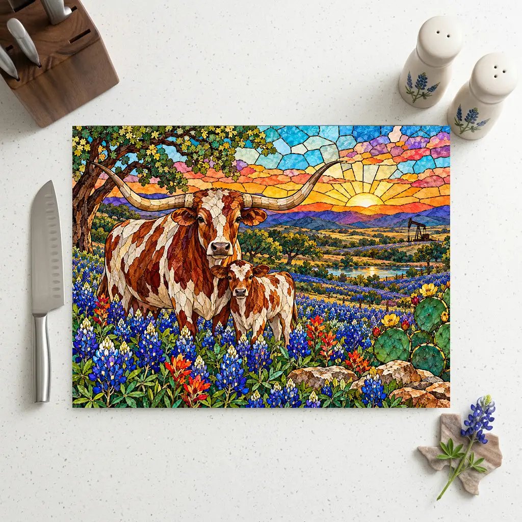 Texas Longhorn Glass Cutting Board, Cow and Calf Bluebonnet Kitchen Decor, Western Ranch Gift, Texas Kitchen Decor, Stained Glass Style