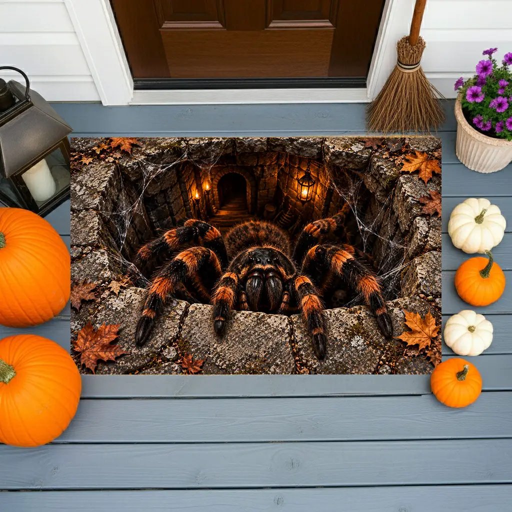 Giant Spider Halloween 3D Doormat, Scary Optical Illusion Welcome Mat, Creepy Spider Door Mat, Haunted House Halloween Porch Decor