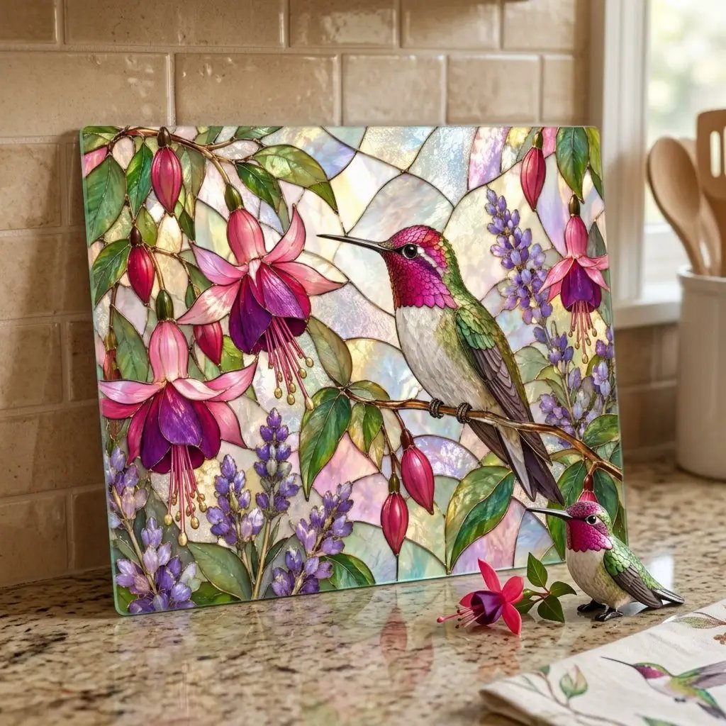 Hummingbird Cutting Board, Stained Glass Hummingbird Decor, Fuchsia Flower Kitchen Decor, Bird Lover Gift, Garden Lover Gift