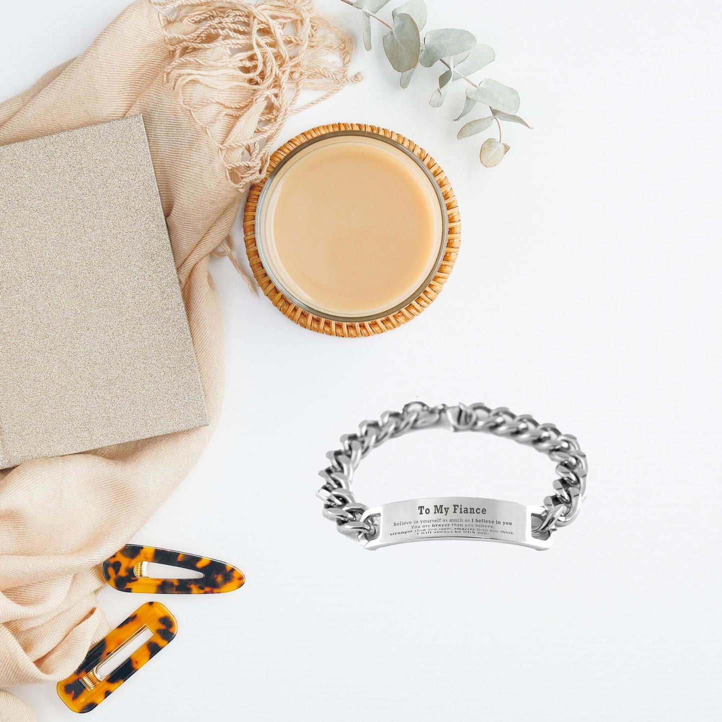 Fiance Cuban Chain Stainless Steel Engraved Bracelet You are braver than you believe, stronger than you seem, Inspirational Birthday, Christmas Valentine Gifts - Mallard Moon Gift Shop