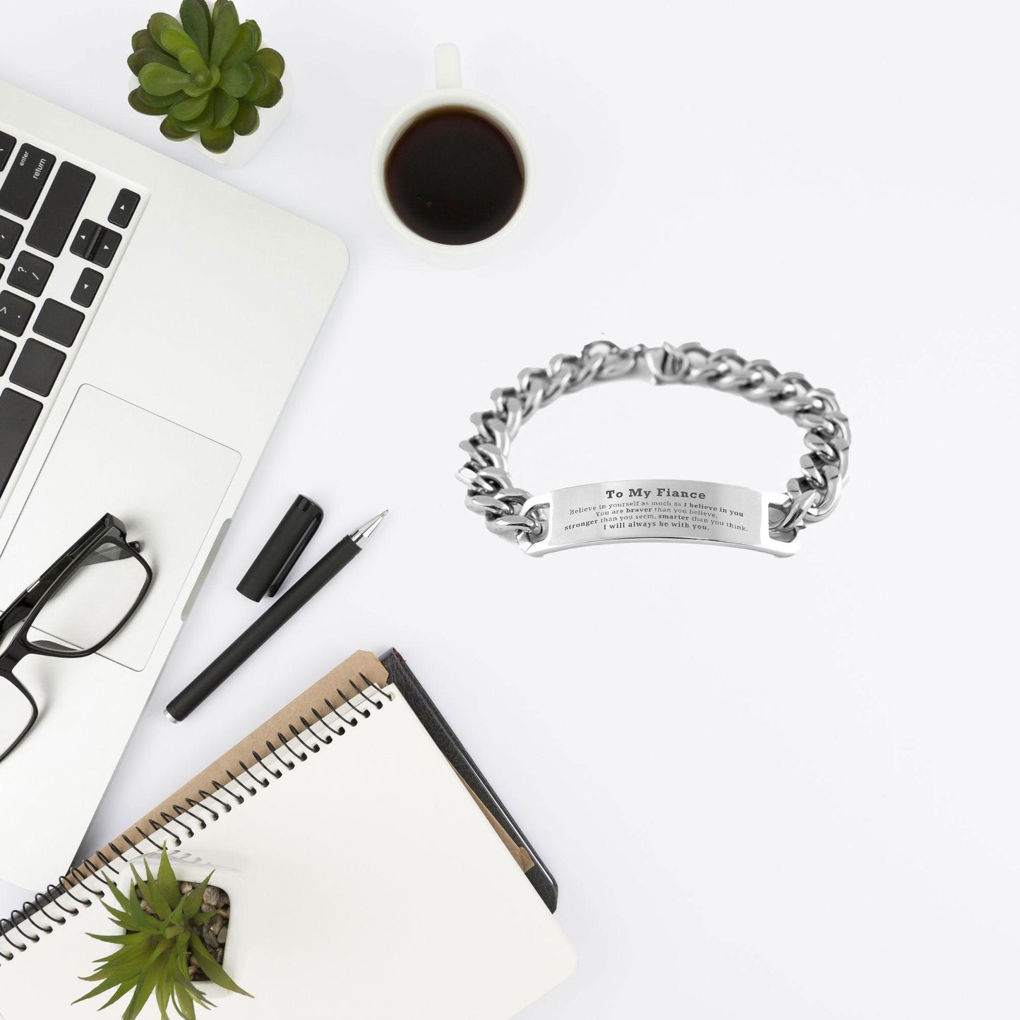 Fiance Cuban Chain Stainless Steel Engraved Bracelet You are braver than you believe, stronger than you seem, Inspirational Birthday, Christmas Valentine Gifts - Mallard Moon Gift Shop