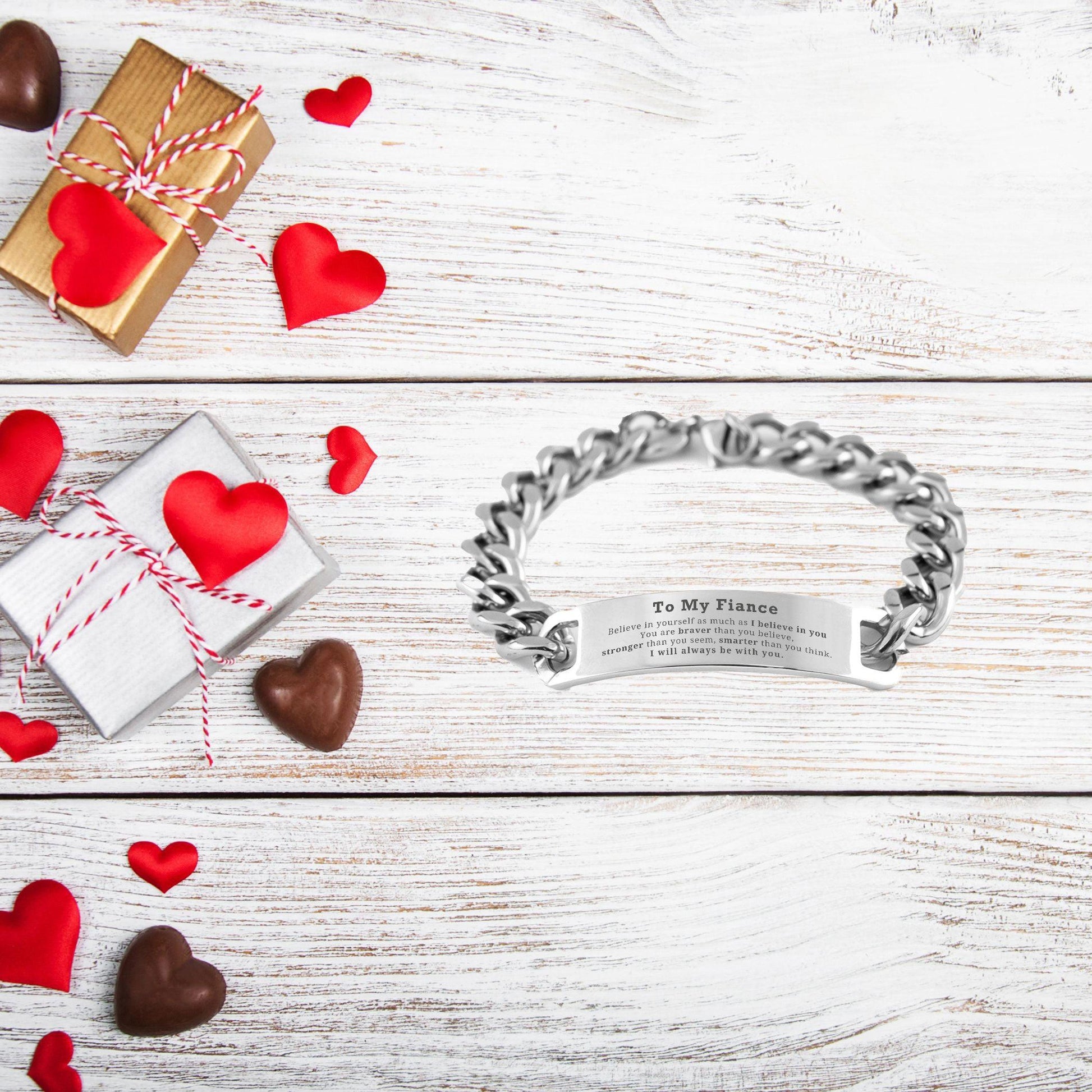 Fiance Cuban Chain Stainless Steel Engraved Bracelet You are braver than you believe, stronger than you seem, Inspirational Birthday, Christmas Valentine Gifts - Mallard Moon Gift Shop