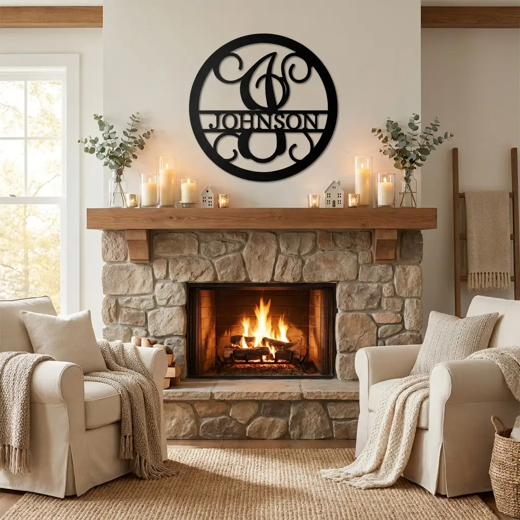 Circle Vine Monogram Personalized Name Indoor Outdoor Steel Wall Sign Metal Art