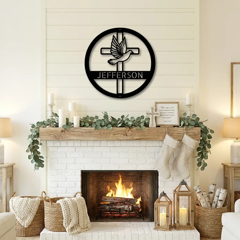 Personalized Cross & Dove Metal Wall Art – Custom Family Name Christian Steel Sign – Faith Based Farmhouse Wall Decor