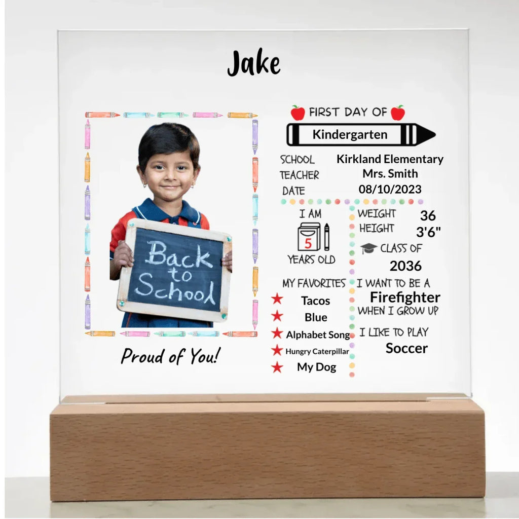 First Day of School Stats and Photo Upload Personalized Keepsake Acrylic Plaque
