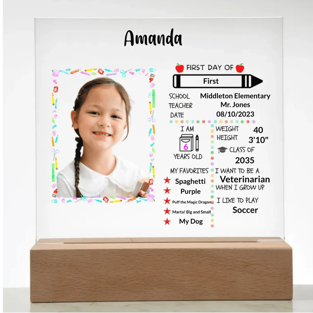First Day of School Stats and Photo Upload Personalized Keepsake Acrylic Plaque